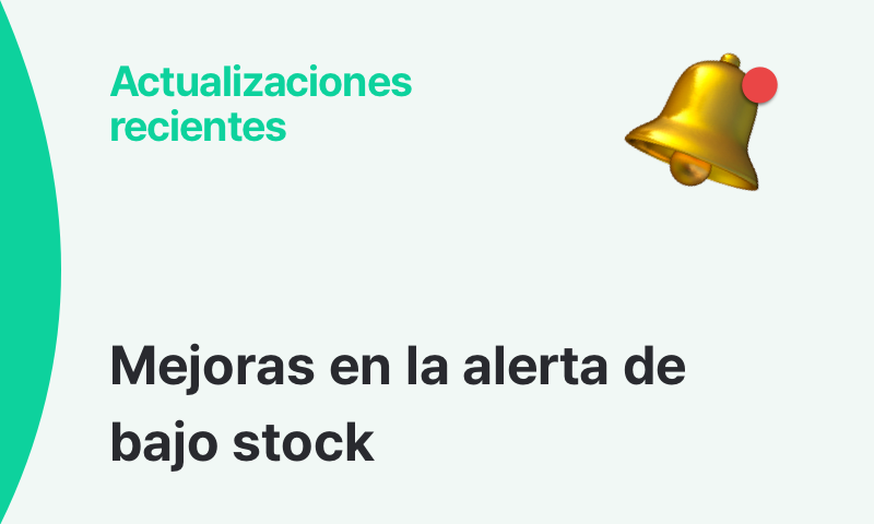 Imagen destacando mejoras recientes en la alerta de bajo stock en BoxHero, con ícono de campana de notificación.