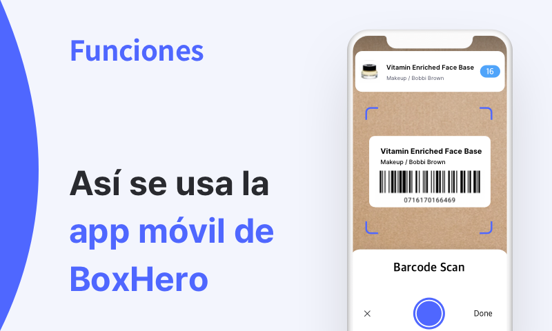 Uso de la app móvil de BoxHero con escaneo de códigos de barras.