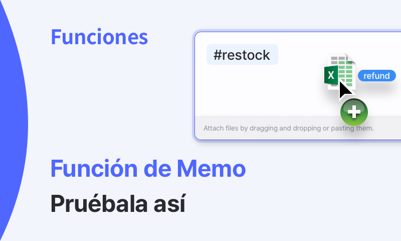 Imagen que muestra el título “Funciones” y el texto “Función de Memo - Pruébala así”, junto a una captura de pantalla con un hashtag #restock, un icono de Excel y un botón de añadir.