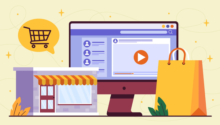 Ilustración vectorial de una bolsa de compras, un edificio de tienda y un monitor de computadora mostrando un feed de redes sociales